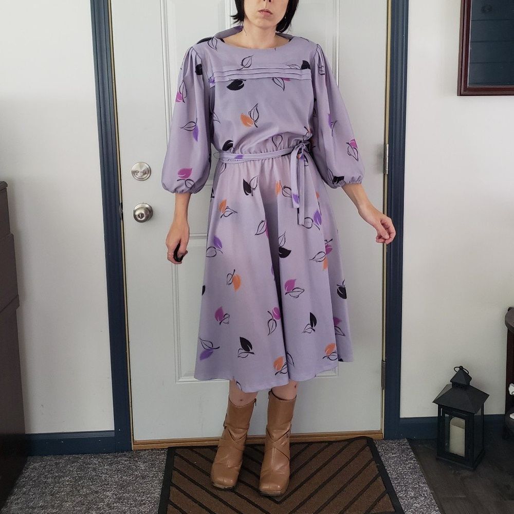 70s/80s Purple Leaf‎ Print Midi Dress
